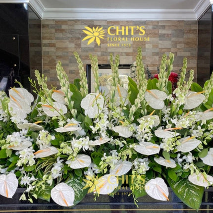 White orchid mausoleum flower arrangement tribute