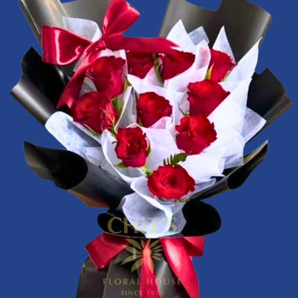 Midnight Crimson Elegance 12-stem red rose bouquet handcrafted flowers