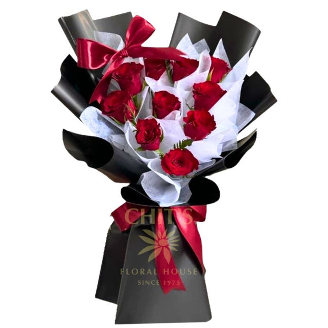 Midnight Crimson Elegance 12-stem red rose bouquet handcrafted flowers