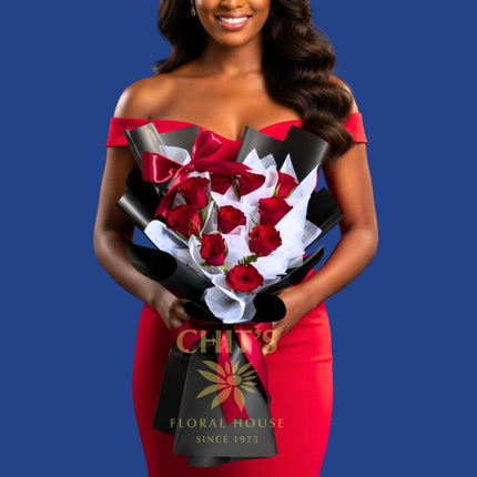Midnight Crimson Elegance 12-stem red rose bouquet handcrafted flowers