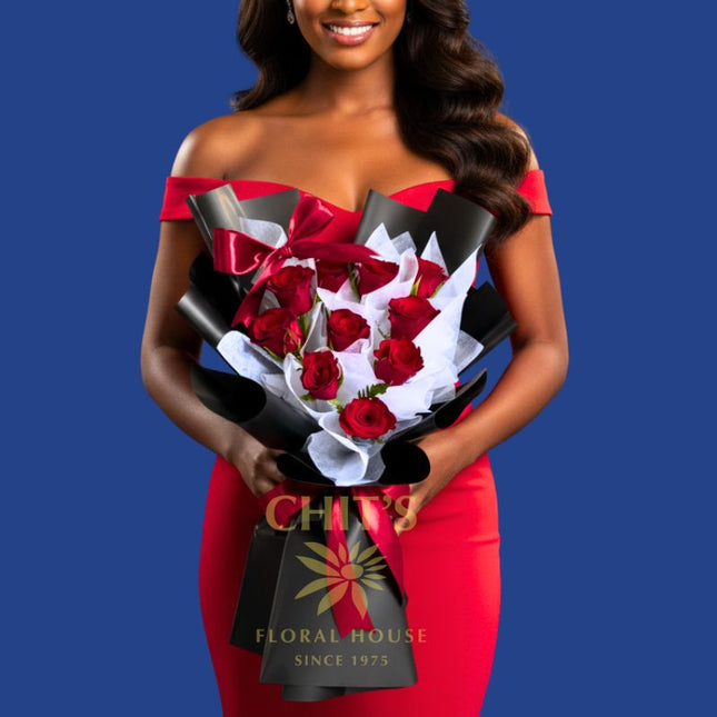 Midnight Crimson Elegance 12-stem red rose bouquet handcrafted flowers