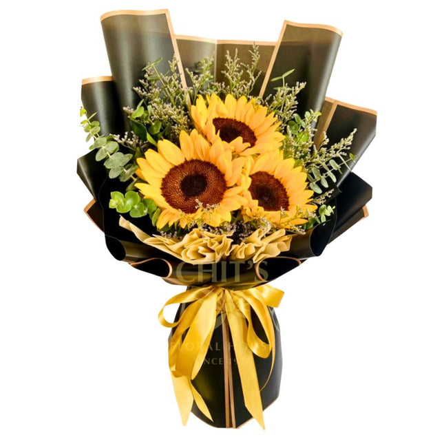 Midnight Sun Trio three-stem sunflower bouquet with imported accents