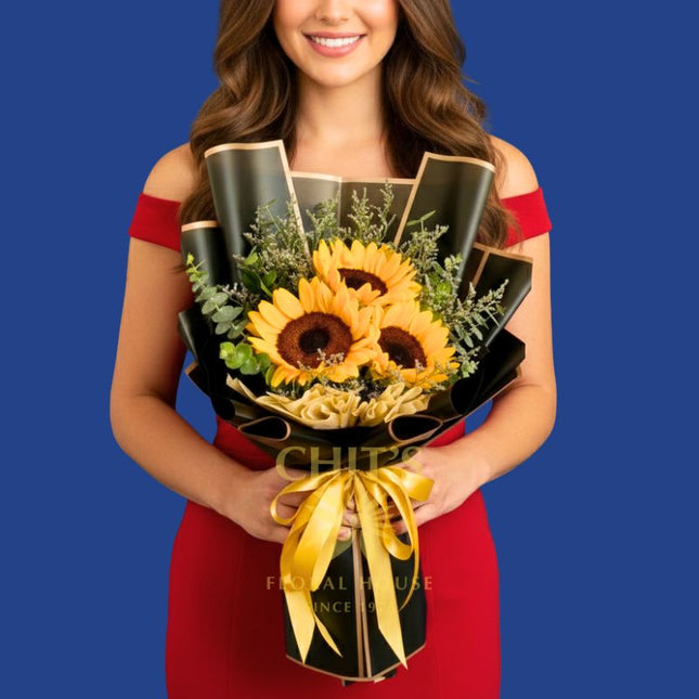Midnight Sun Trio three-stem sunflower bouquet with imported accents