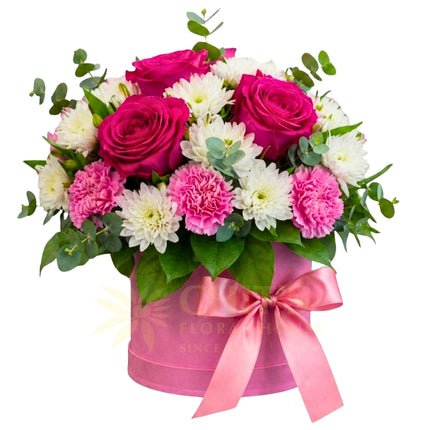 The Mother’s Blush Cube with pink roses carnations and white mums in floral box