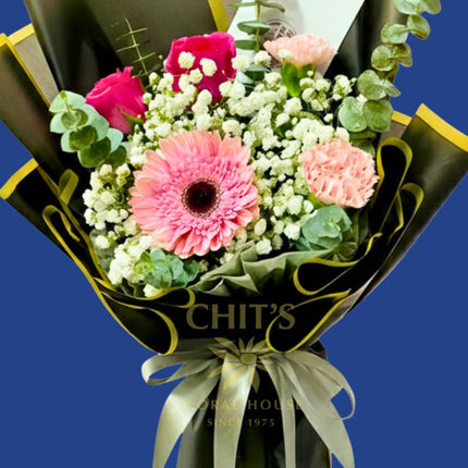 Onyx Bloom Harmony mixed flower bouquet with roses carnations and gerbera