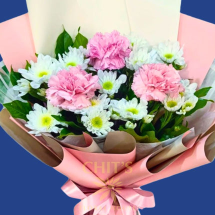 Pink Petal Promise carnation and white mum bouquet handcrafted flowers