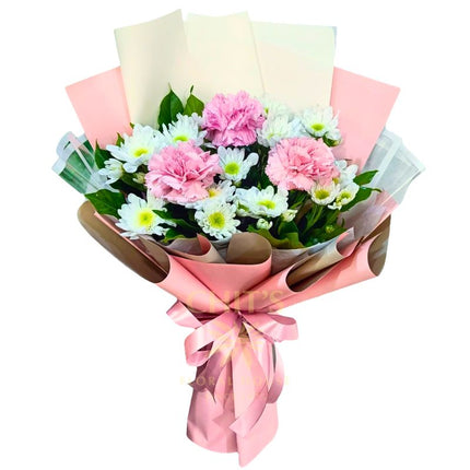 Pink Petal Promise carnation and white mum bouquet handcrafted flowers