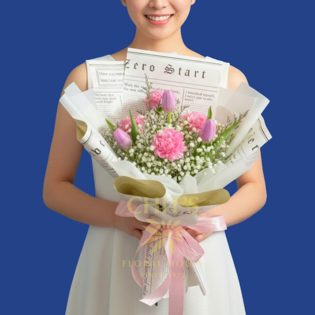 Elegant bouquet of tulips and carnations