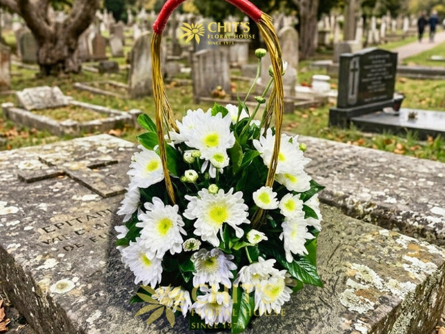 Pure Light medium round white chrysanthemum Undas flower basket