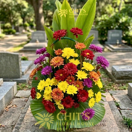 Pure Peace medium white chrysanthemum Undas basket with colorful mums