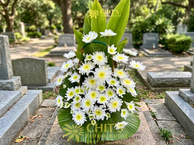 Pure Peace medium white chrysanthemum Undas basket with colorful mums