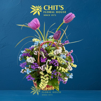 Eternal Meadow – Purple Tulip & Statice Memorial Basket