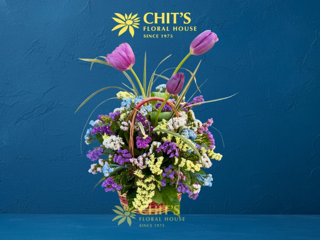 Eternal Meadow – Purple Tulip & Statice Memorial Basket