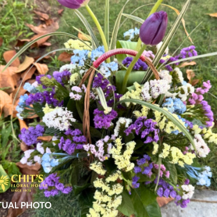 Eternal Meadow – Purple Tulip & Statice Memorial Basket