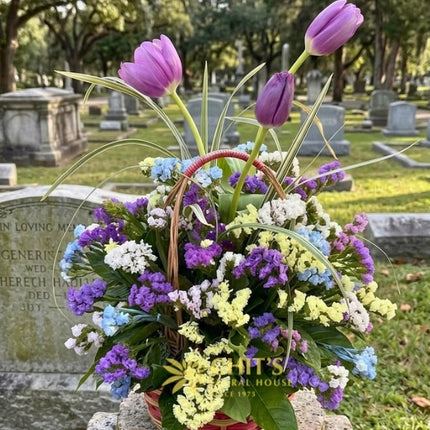 Eternal Meadow – Purple Tulip & Statice Memorial Basket