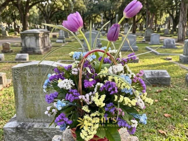 Eternal Meadow – Purple Tulip & Statice Memorial Basket