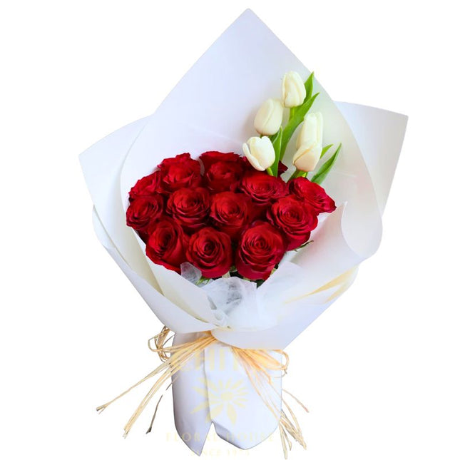 Raffia Romance bouquet with red roses and tulips handcrafted flowers