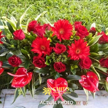 Red Gerbera & Rose Memorial Lawn Floral Spray