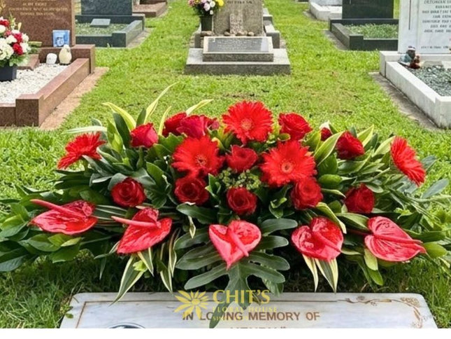 Red Gerbera & Rose Memorial Lawn Floral Spray