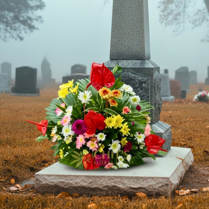 Close-up of red and pink anthuriums in sympathy flower basket