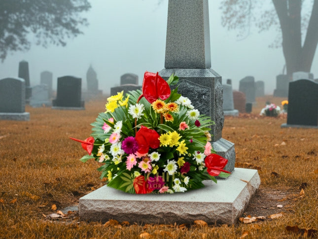 Close-up of red and pink anthuriums in sympathy flower basket
