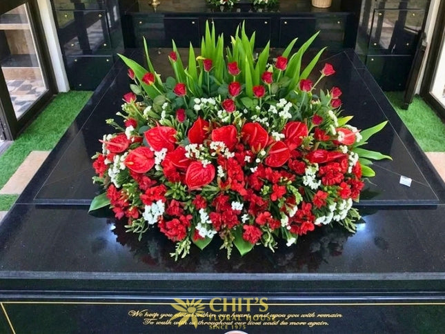 Red Rose and Anthurium Mausoleum Floral Arrangement