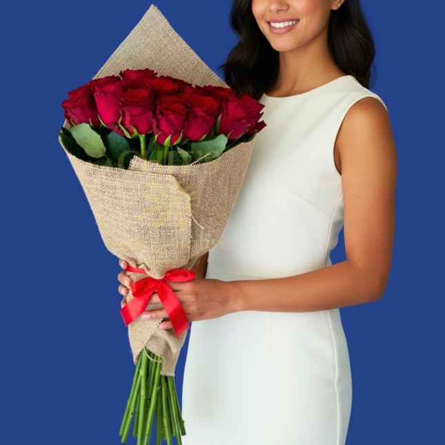Rustic red rose bouquet in Korean burlap wrapping