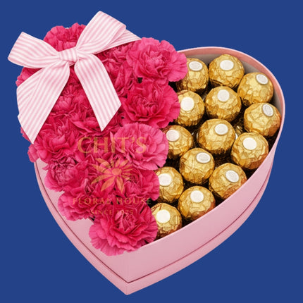 Romantic carnation and chocolate heart box arrangement