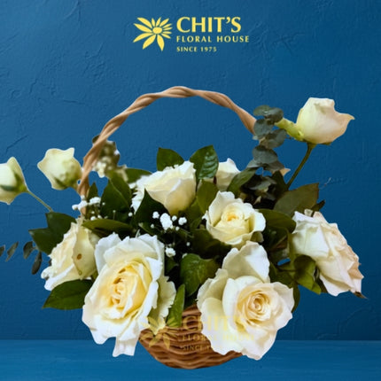Rose Garden of Remembrance Basket – white roses funeral flower basket