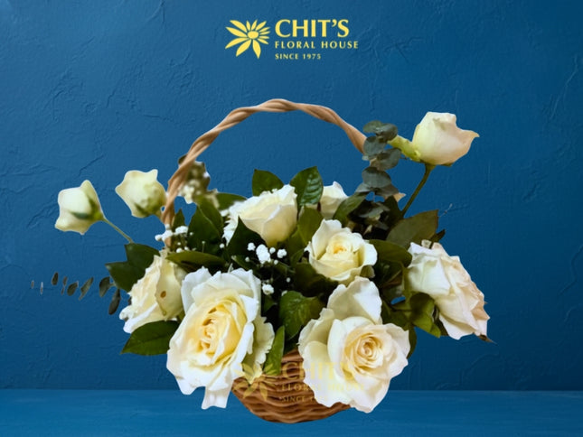 Rose Garden of Remembrance Basket – white roses funeral flower basket