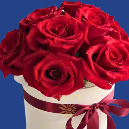 Ruby Box Romance 10-stem rose box arrangement in red pink or white