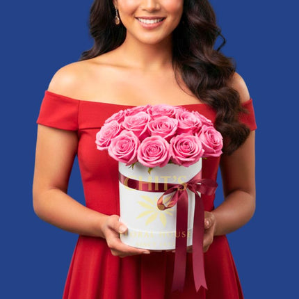 Ruby Box Romance 10-stem rose box arrangement in red pink or white