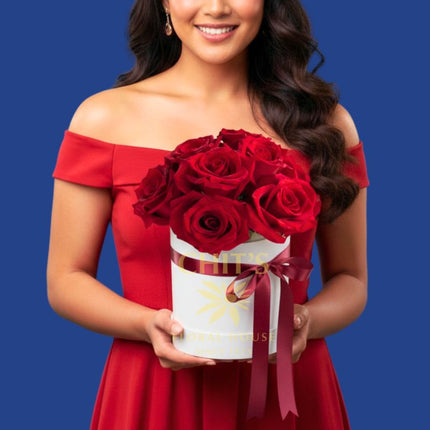 Ruby Box Romance 10-stem rose box arrangement in red pink or white