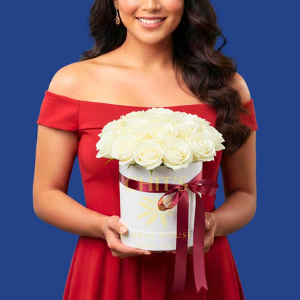 Ruby Box Romance 10-stem rose box arrangement in red pink or white