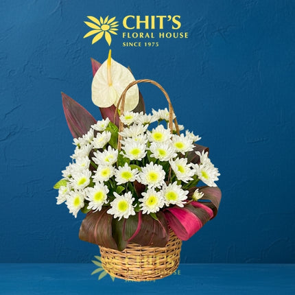 Sacred Haven – One-Sided Anthurium & Mums Sympathy Basket