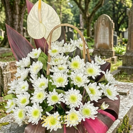 Sacred Haven – One-Sided Anthurium & Mums Sympathy Basket