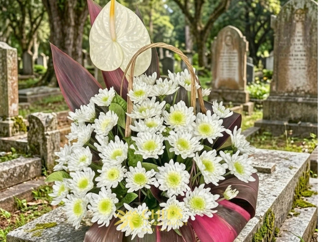 Sacred Haven – One-Sided Anthurium & Mums Sympathy Basket
