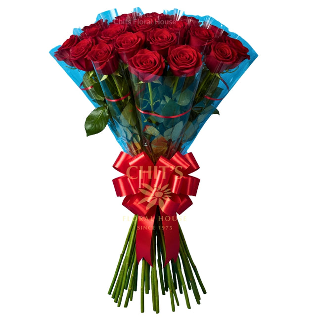 Scarlet Avalanche bouquet with 18 long-stemmed red roses wrapped in ribbon