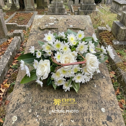 Serene Horizon long and low white rose and chrysanthemum Undas basket