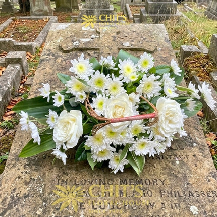 Serene Horizon long and low white rose and chrysanthemum Undas basket