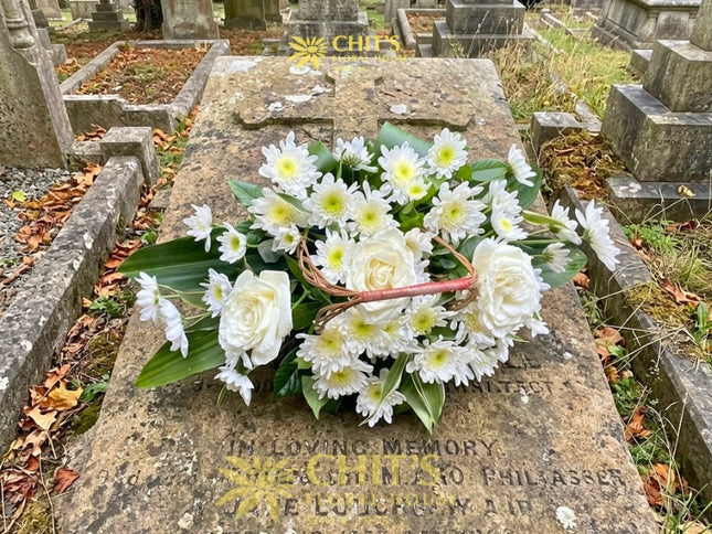 Serene Horizon long and low white rose and chrysanthemum Undas basket