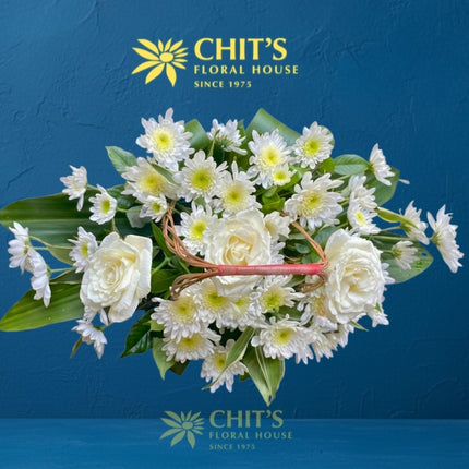 Serene Horizon long and low white rose and chrysanthemum Undas basket