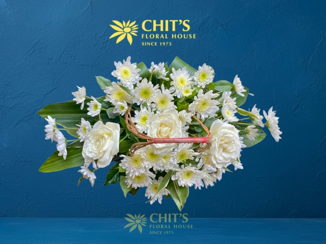 Serene Horizon long and low white rose and chrysanthemum Undas basket