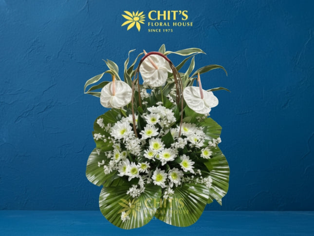 Silent Peace funeral flower basket with white anthuriums and lilies