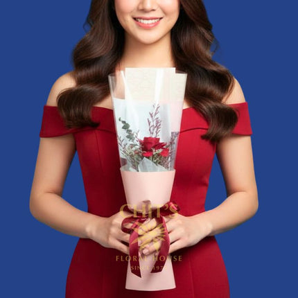 Singular Scarlet Woodrose single wooden rose bouquet
