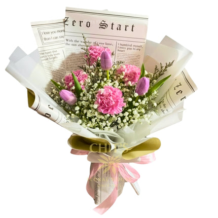 Tulip and pink carnation bouquet with soft accents