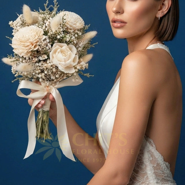 Hand-tied sola flower wedding bouquet with dried accents