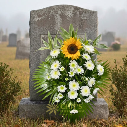 Hope’s Sunlight funeral flower basket with sunflower and white mums
