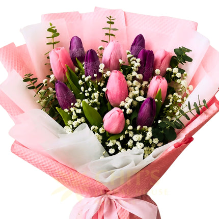 Swanky Dutch Muse bouquet with 12 tulips and imported floral fillers