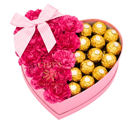 Heart-shaped box with carnations and Ferrero chocolates